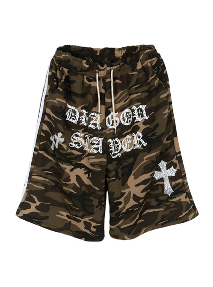 Men's Camo Graphic Sweat Shorts IL515 Beige flat-lay front showing DRAGON SLAYER old English print, crackle cross graphic, drawstring waist, and white side stripes