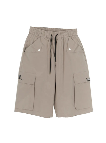 Men's Cargo Bermuda Shorts (Gray) IL509 Gray flat-lay front view showing elastic drawstring waist, snap-button pockets, and dual toggle-clasp cargo pockets