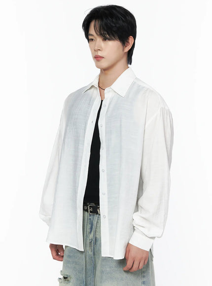 Men's Casual Button-Up Shirt IL502 white side view on model showing semi-sheer lightweight fabric texture, point collar, and open placket layered over black tank