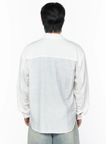 Men's Casual Button-Up Shirt IL502 white back view on model showing yoke seam detail, relaxed oversize silhouette, and lightweight semi-sheer woven fabric