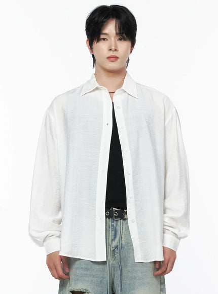 Men's Casual Button-Up Shirt IL502 white close-up front bust shot on model showing semi-sheer fabric, point collar, white button placket, and slightly open neckline
