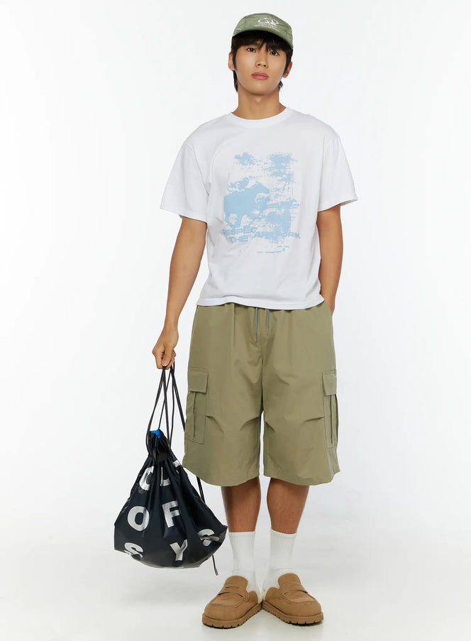 LEWKIN Men's Casual Graphic Print T-Shirt IL513 White full-length front shot on male model styled with olive cargo shorts, green cap, and black drawstring bag