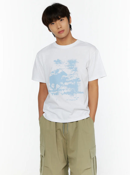 Men's Casual Graphic Print T-Shirt IL513 White cropped front shot on male model with hands in pockets showing full blue distressed horse and Respect The Art Form graphic