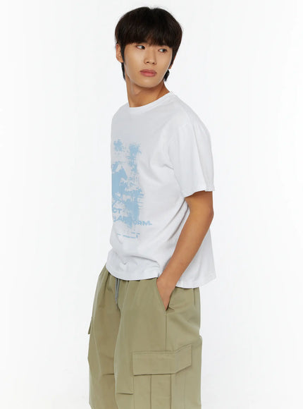 Men's Casual Graphic Print T-Shirt IL513 White three-quarter side shot on male model showing blue distressed horse graphic print and relaxed cotton fit