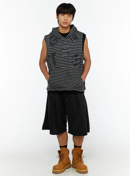 Men's Casual Jorts IL510 Black full-body front shot on male model hands in pockets standing straight styled with striped sleeveless hoodie
