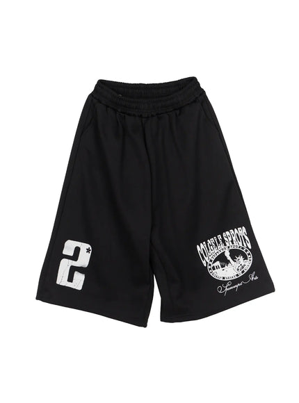 Men's Casual Number Print Shorts (Black) IL509 Black flat-lay front view showing elasticated waistband, distressed number 2 print on left leg and collegiate Sparrowspot Arts circle graphic on right