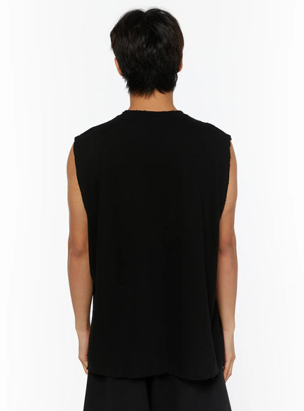 Men's Casual Sleeveless Top IL510 Black back shot on male model showing raw-edge neckline, frayed armhole seams and boxy cotton silhouette