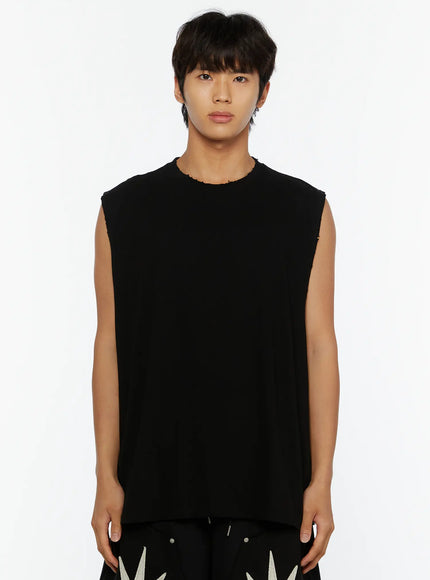 Men's Casual Sleeveless Top IL510 Black close-up front shot on male model highlighting raw-edge crewneck, boxy oversized fit and matte cotton fabric