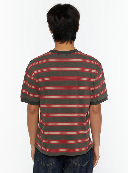 Men's Casual Striped T-Shirt IL515 Red back shot on model showing full rear view of horizontal red and beige stripes on dark olive cotton fabric
