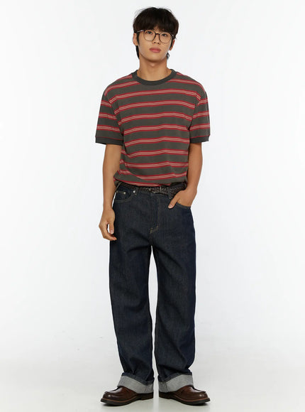 LEWKIN Men's Casual Striped T-Shirt IL515 Red full-body front shot on model wearing glasses styled with wide-leg dark denim jeans and braided belt