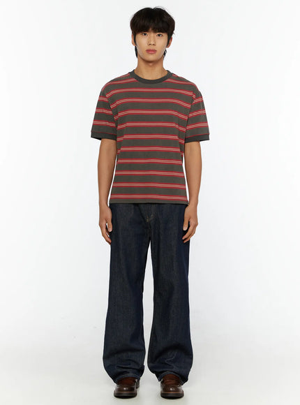 Men's Casual Striped T-Shirt IL515 Red front close-up shot on model arms at sides showing crew neck dark olive base with red and beige horizontal stripes