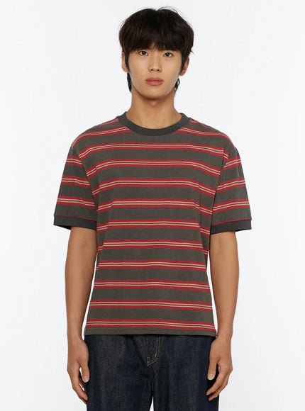 Men's Casual Striped T-Shirt IL515 Red front close-up shot on model cropped at waist showing crew neck and bold red beige stripe pattern on dark olive