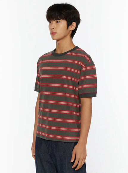 Men's Casual Striped T-Shirt IL515 Red side shot on model angled left showcasing stripe pattern crew neck and short sleeve cuff detail