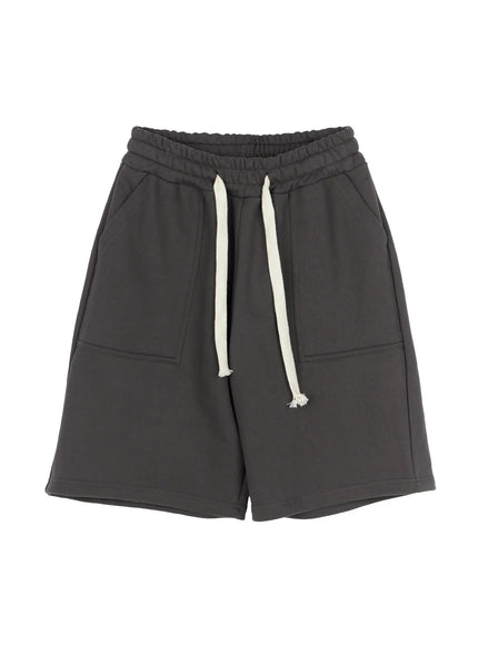 Men's Casual Sweat Shorts (Dark Gray) IL502 Dark Gray flat-lay showing full garment with elastic waistband, cream drawstring, two front patch pockets, and relaxed cut