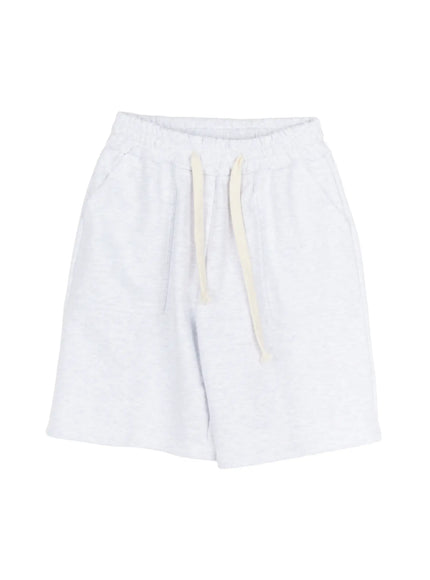 Men's Casual Sweat Shorts (Light Gray) IL502 Light Gray flat-lay front view showing elastic waistband, cream drawstring, dual patch pockets, relaxed fit, heathered fleece fabric construction