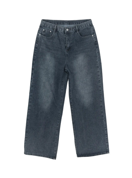 Men's Casual Washed Wide Leg Jeans IL509 Dark blue flat-lay full-length view displaying overall silhouette washed denim texture and wide leg opening from waistband to hem