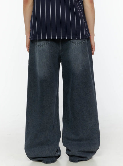 Men's Casual Washed Wide Leg Jeans IL509 Dark blue flat-lay front showing five-pocket construction silver rivet hardware faded wash and wide straight leg cut