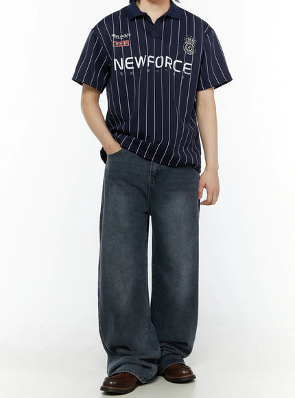 LEWKIN Men's Casual Washed Wide Leg Jeans IL509 Dark blue front view on model standing in relaxed pose styled with navy pinstripe polo shirt and brown loafers