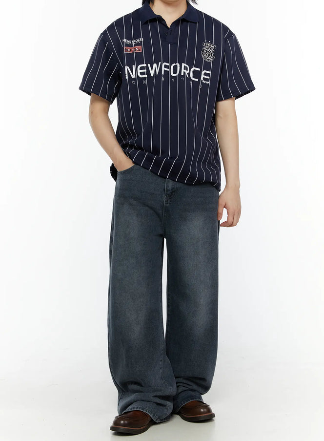LEWKIN Men's Casual Washed Wide Leg Jeans IL509 Dark blue front view on model standing in relaxed pose styled with navy pinstripe polo shirt and brown loafers