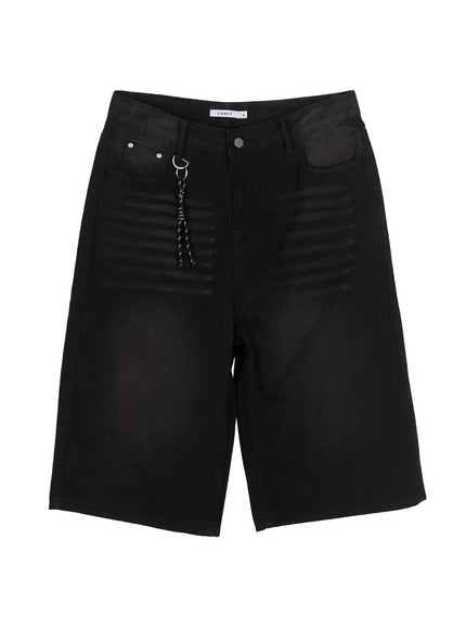 Men's Casual Wide Fit Jorts IL510 Black flat-lay front view showing wide-leg silhouette, rope chain keyring, five-pocket design, and LEGIT brand label