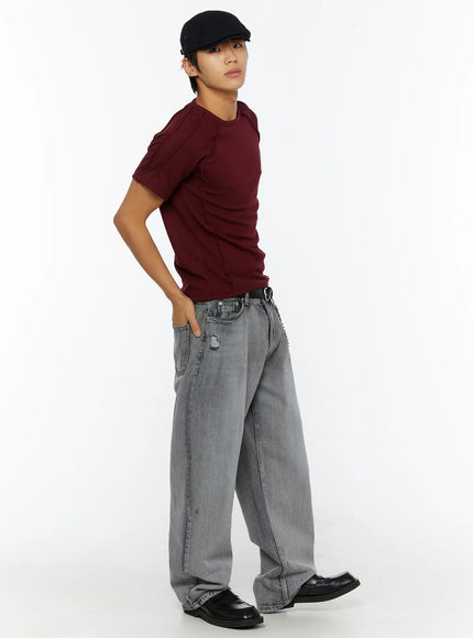 Men's Classic Antique Loafers IL507 Black full-body side shot on male model wearing burgundy ribbed tee gray distressed wide-leg jeans and black beret cap