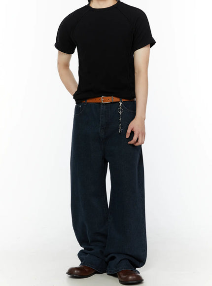 Men's Classic Wide Leg Jeans IL509 dark navy blue full-body front shot on male model wearing black raglan tee brown belt and brown leather boots