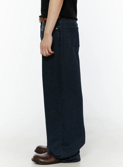 Men's Classic Wide Leg Jeans IL509 dark navy blue back side view on model showing rear pocket stitching and extra-wide leg hem stack