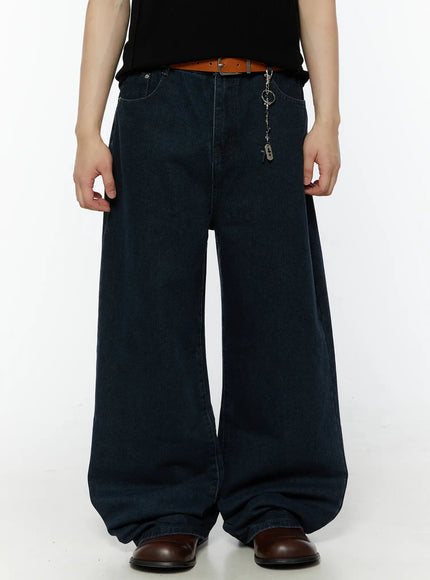 LEWKIN Men's Classic Wide Leg Jeans IL509 dark navy blue front close-up on model styled with brown leather belt and silver chain keychain accessory