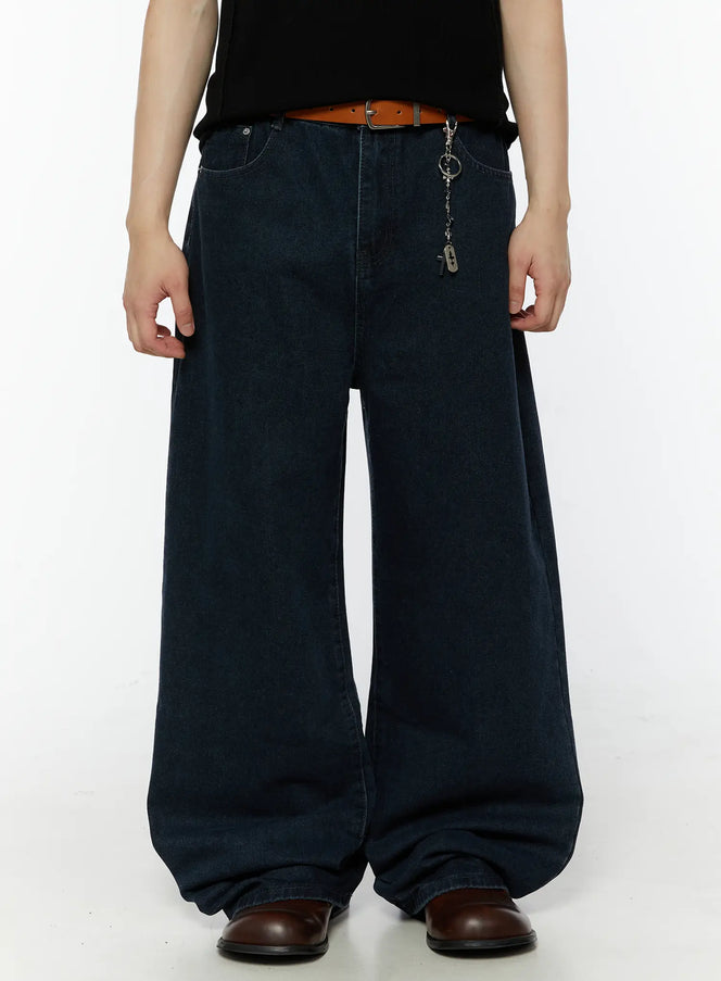 LEWKIN Men's Classic Wide Leg Jeans IL509 dark navy blue front close-up on model styled with brown leather belt and silver chain keychain accessory