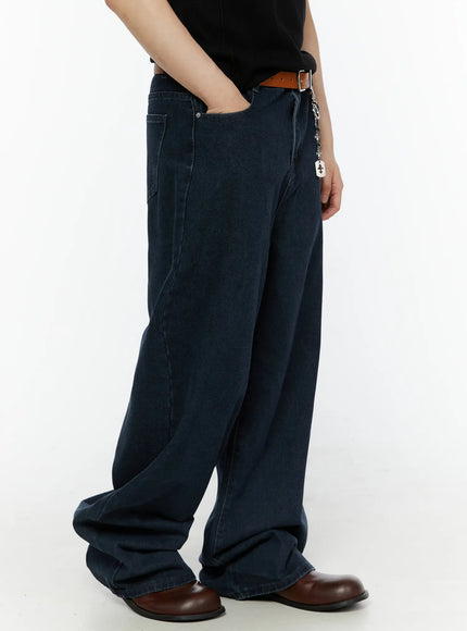 Men's Classic Wide Leg Jeans IL509 dark navy blue side view on model hand in pocket showing ultra-wide leg silhouette and silver chain detail