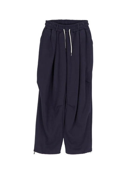 Men's Curved Fit Sweatpants (Dark Blue) IL502 Dark blue flat-lay front view showing elastic drawstring waistband pleated legs and ankle zipper pullers on white background