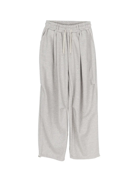 Men's Curved Fit Sweatpants (Gray) IL502 gray flat-lay front view showing elastic waistband, cream drawstring, and wide-leg silhouette