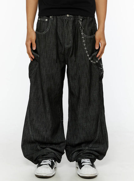 Men's Dale Embroidered Baggy Jeans IL509 in Black, size M/L