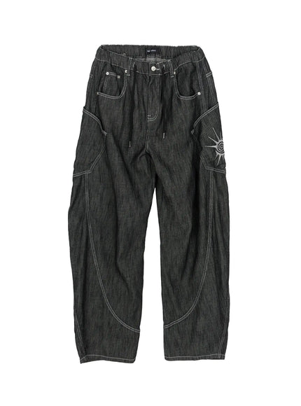 Men's Dale Embroidered Baggy Jeans IL509 black flat-lay front view showing full silhouette elastic waist drawstring sun embroidery and contrast topstitching