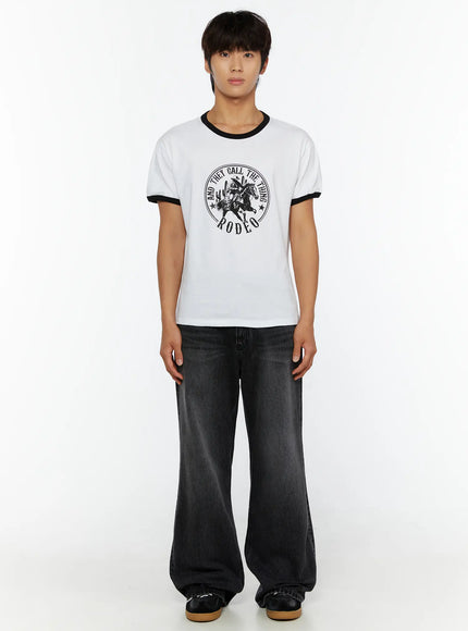 Men's Dark Wash Flare Jeans IL513 Black full front view on male model styled with white Rodeo graphic ringer tee, standing pose