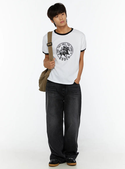 Men's Dark Wash Flare Jeans IL513 Black full front view on male model carrying canvas shoulder bag, styled with Rodeo ringer tee