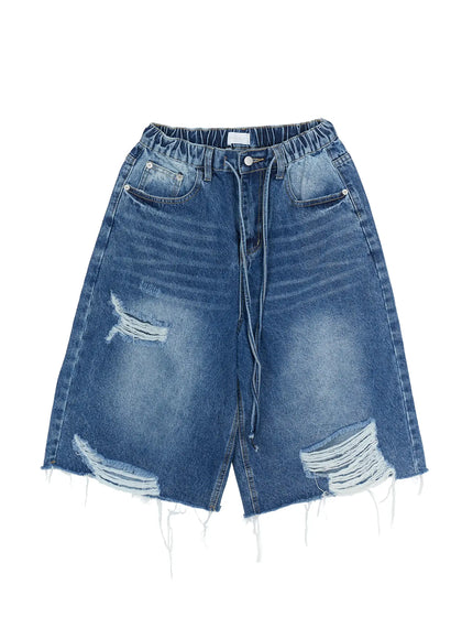 Men's Distressed Jorts IL509 Blue flat-lay front view showing elastic waistband, drawstring, distressed rip holes and frayed raw cut hem