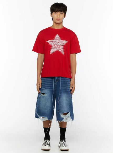 Men's Distressed Jorts IL509 Blue full-length front view on male model wearing red star graphic tee standing straight with hands at sides