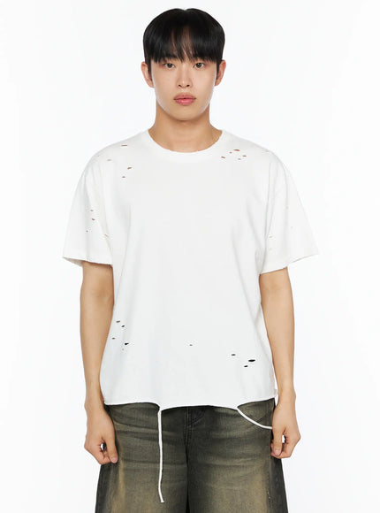 Men's Distressed Tee IL514 White front shot on male model standing straight, distressed holes throughout chest and torso, visible drawstring at hem