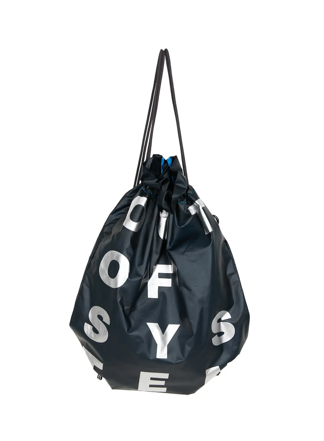 LEWKIN Men's Drawstring String Bag IL510 Navy front product shot standing upright showing silver oversized letter print and black drawstring straps