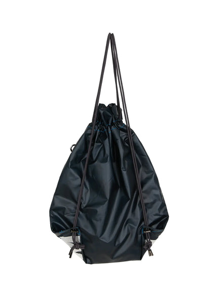 Men's Drawstring String Bag IL510 Navy back product shot showing plain navy glossy nylon reverse side with drawstring cords and bottom cord locks