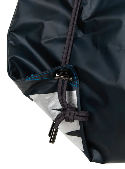Men's Drawstring String Bag IL510 Navy close-up detail of drawstring cord with metal cord stopper and blue contrast stitching at top opening