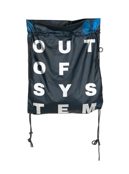 Men's Drawstring String Bag IL510 Navy flat front product shot fully unfolded showing OUT OF SYSTEM silver metallic letter print and blue interior panel