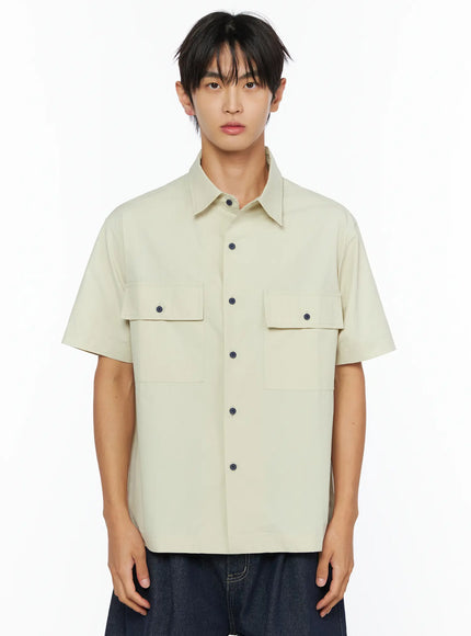 Men's Embroidered Button-Up Shirt IL528 in Beige, size M/L
