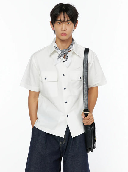 Men's Embroidered Button-Up Shirt IL528 White front close-up shot on model with bandana scarf and black leather crossbody bag hand in pocket
