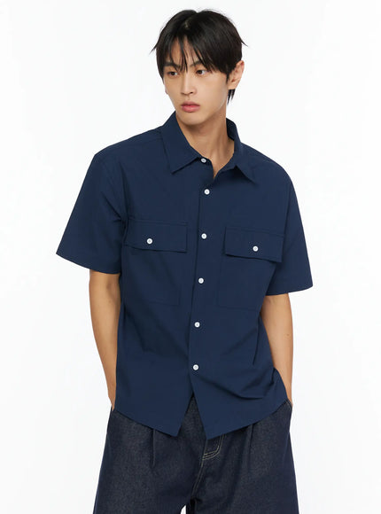 Men's Embroidered Button-Up Shirt IL528 in Dark blue, size M/L