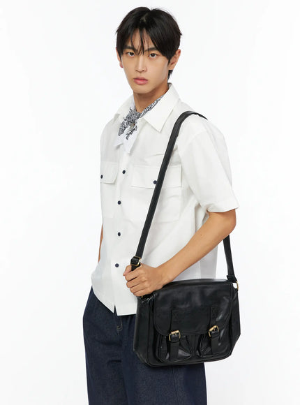 LEWKIN Men's Embroidered Button-Up Shirt IL528 White M/L side shot on model styled with bandana scarf and black crossbody bag over denim shorts