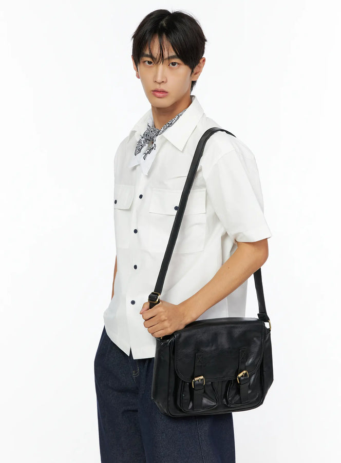 LEWKIN Men's Embroidered Button-Up Shirt IL528 White M/L side shot on model styled with bandana scarf and black crossbody bag over denim shorts