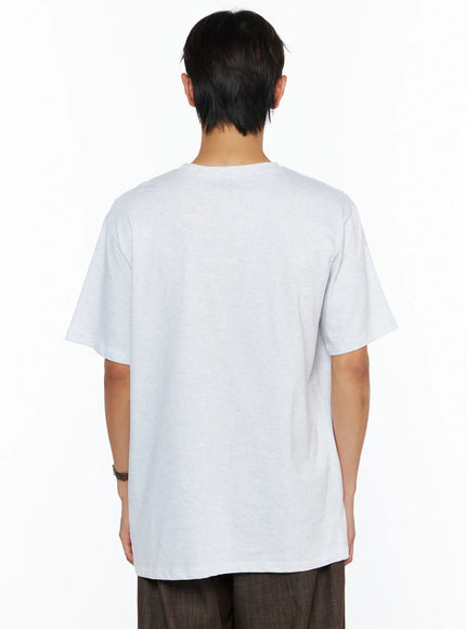 Men's Embroidered Graphic Tee IL528 Light Gray back shot on male model showing clean plain back dropped shoulders relaxed oversized cotton construction