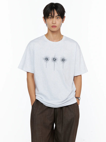 LEWKIN Men's Embroidered Graphic Tee IL528 Light Gray front shot on male model hands in pockets crew neck oversized fit three starburst embroidery
